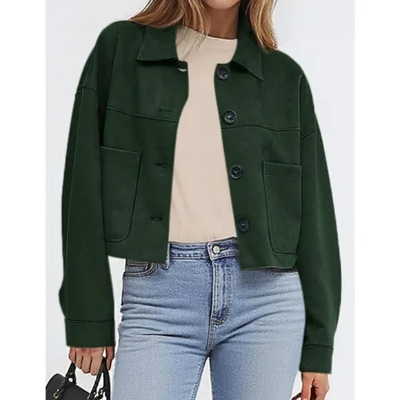 Women's Dark Green Faux Suede Cropped Jacket Casual Lightweight Fall Fashion - Picture 2 of 5